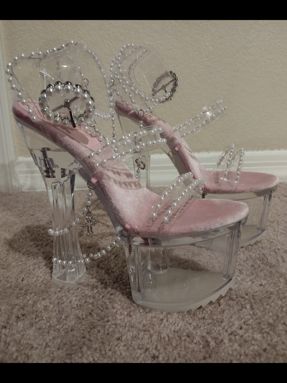 Sugar Thrillz Dolls Kill Pink Pearl-Strap Clear Platform Heels